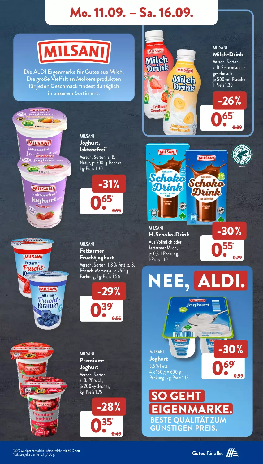 Aktueller Prospekt AldiSud - NÄCHSTE WOCHE - von 11.09 bis 16.09.2023 - strona 9 - produkty: aldi, Becher, drink, eis, flasche, frucht, fruchtjoghurt, je 500-ml-flasche, joghur, joghurt, mac, maracuja, milch, molkereiprodukte, natur, pfirsich, reis, schoko, schokolade, schokoladen, Ti, vollmilch