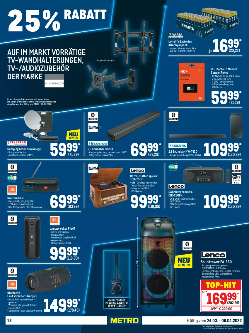 Aktueller Prospekt Metro - Technik Spezial - von 19.03 bis 25.03.2022 - strona 18 - produkty: akku, auto, batterie, batterien, beispielabbildung, dell, eis, elle, enders, erde, koffer, latte, lautsprecher, led-licht, LG, longlife, Metro, Mode, ndk, Radio, reis, ring, soundbar, Spiele, Subwoofer, teller, Ti, tisch, top-hit, uhd, usb, wandhalterung, wasser