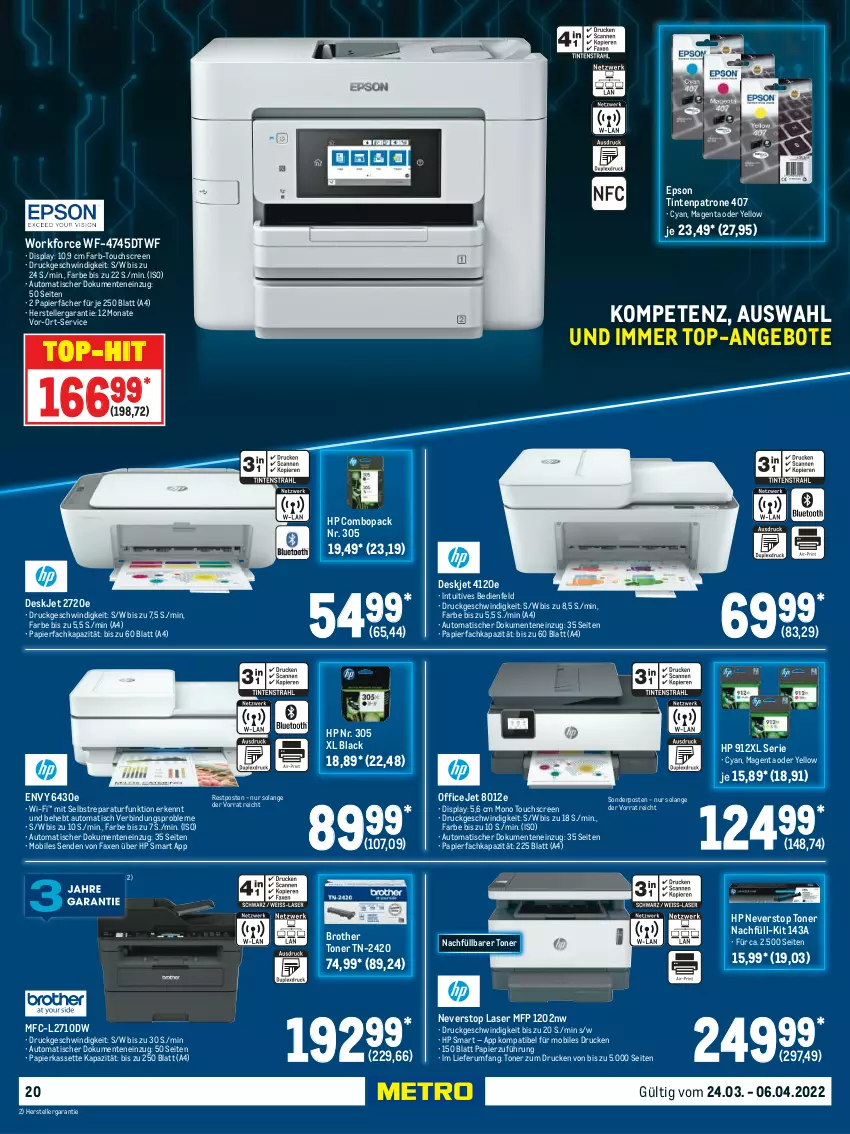 Aktueller Prospekt Metro - Technik Spezial - von 19.03 bis 25.03.2022 - strona 20 - produkty: angebot, angebote, auto, axe, brot, brother, elle, ente, epson, HP, lack, office, OfficeJet, papier, rum, sonderposten, teller, Ti, Tintenpatrone, tisch, Toner, top-angebot, top-hit, touchscreen