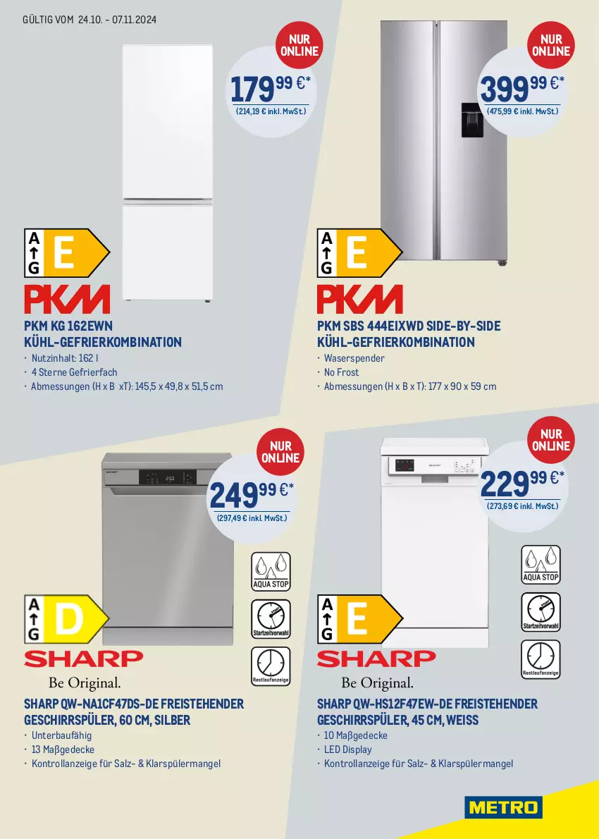 Aktueller Prospekt Metro - Elektrogeräte - von 24.10 bis 07.11.2024 - strona 3 - produkty: Bau, decke, eis, gefrierfach, gefrierkombination, geschirr, geschirrspüler, klarspüler, kühl-gefrierkombination, reis, salz, Sharp, Ti