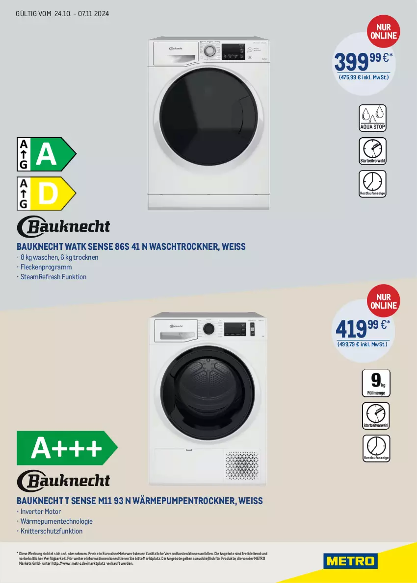 Aktueller Prospekt Metro - Elektrogeräte - von 24.10 bis 07.11.2024 - strona 4 - produkty: angebot, angebote, Bau, bauknecht, eis, ente, erde, Metro, ndk, reis, rwe, Ti, Tiere, Trockner, wärmepumpentrockner, waschtrockner