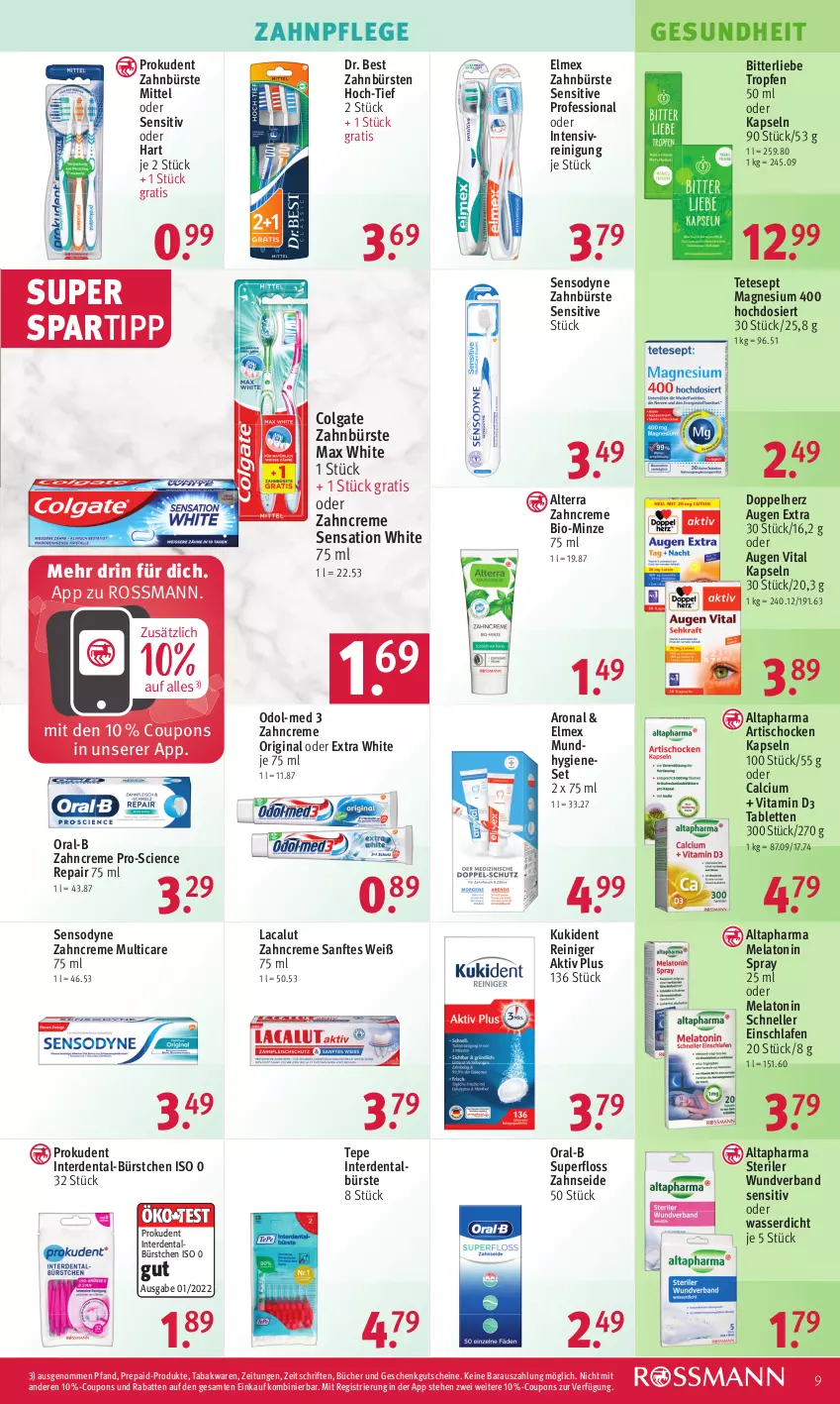 Aktueller Prospekt Rossmann - Prospekte - von 21.08 bis 25.08.2023 - strona 11 - produkty: Altapharma, alterra, Artischocken, bio, bürste, bürsten, Calcium, Cien, colgate, coupon, coupons, creme, doppelherz, Dr. Best, elle, elmex, erde, Gesundheit, gin, gutschein, gutscheine, Kukident, Lacalut, LG, magnesium, magnesium 400, Max White, minze, Mundhygiene, Odol, Odol-med 3, oral-b, Prokudent, reiniger, Reinigung, sensodyne, spartipp, tablet, tablett, Tablette, Ti, tisch, vita, Vitamin D, wasser, zahnbürste, zahnbürsten, zahncreme, Zahnseide