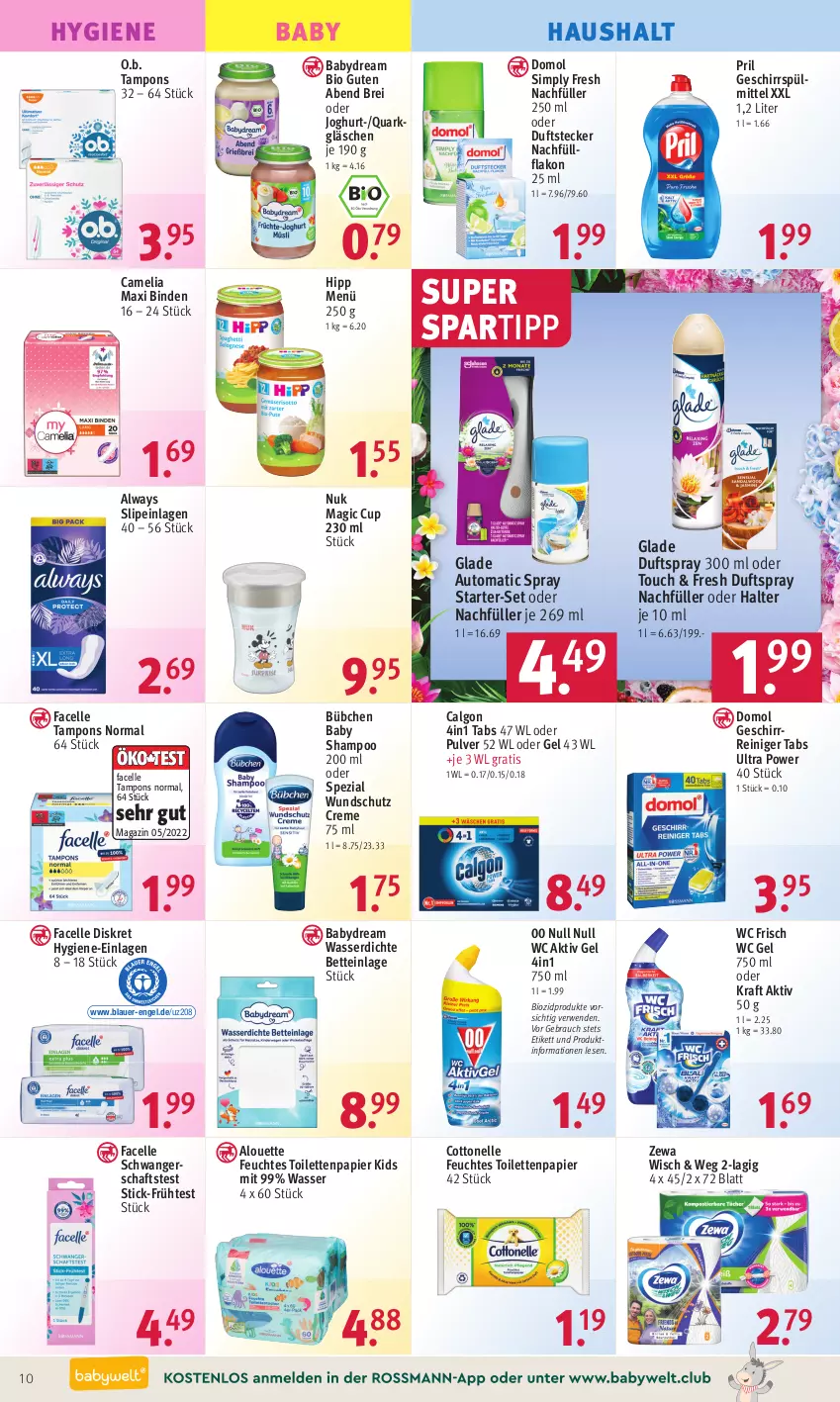 Aktueller Prospekt Rossmann - Prospekte - von 21.08 bis 25.08.2023 - strona 12 - produkty: aktiv gel, alouette, Alwa, Always, auer, auto, Baby Shampoo, babydream, bett, binden, bio, biozidprodukte, Brei, bübchen, calgon, camelia, cottonelle, creme, Domol, Duftspray, elle, Engel, Facelle, feuchtes toilettenpapier, geschirr, geschirrspülmittel, Glade, hipp, joghur, joghurt, kraft, LG, magazin, nuk, O.b., papier, pril, quark, Rauch, reiniger, rwe, Schwangerschaftstest, shampoo, sim, slip, slipeinlagen, spartipp, Spezi, spülmittel, Tampon, tampons, Ti, toilettenpapier, wasser, wc frisch, zewa