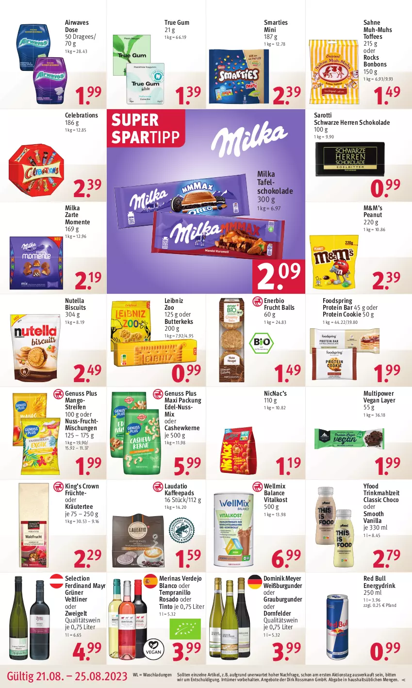 Aktueller Prospekt Rossmann - Prospekte - von 21.08 bis 25.08.2023 - strona 14 - produkty: angebot, angebote, ball, bio, bonbons, burgunder, butter, butterkeks, Cashew, cashewkerne, cookie, dornfelder, drink, ente, erde, frucht, früchte, grauburgunder, grüner veltliner, kaffee, kaffeepads, keks, kräuter, leibniz, mango, mangos, milka, nuss, Nussmix, nutella, oder kräuter, qualitätswein, red bull, reifen, ring, sahne, saro, sarotti, schoko, schokolade, smarties, spartipp, tafelschokolade, tee, tempranillo, Ti, vita, wein, Weißburgunder, Zweigelt