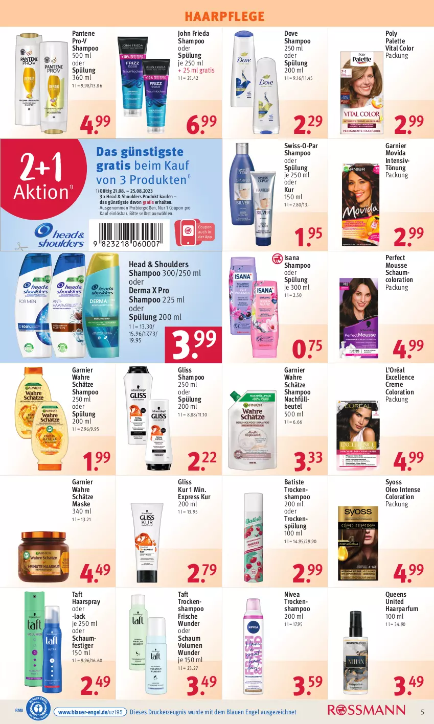 Aktueller Prospekt Rossmann - Prospekte - von 21.08 bis 25.08.2023 - strona 7 - produkty: auer, beutel, bier, coupon, creme, dove, drucker, elle, Engel, garnier, gliss, gliss kur, haarpflege, haarspray, Intensivtönung, isana, kerze, lack, Maske, mousse, nivea, oder schaumfestiger, Palette, pantene, pantene pro-v, parfum, pro-v, sana, schaumfestiger, shampoo, shampoo 250 ml, shampoo oder spülung, spülung, spülung 200 ml, Swiss-o-Par, syoss, Taft, Ti, Trockenshampoo, vita, Wahre Schätze, Yo