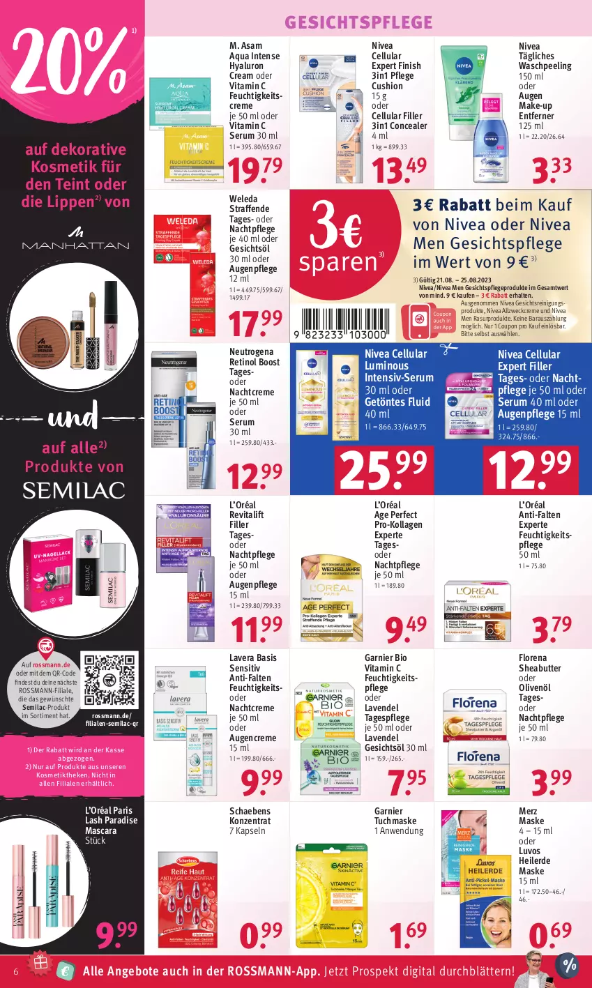 Aktueller Prospekt Rossmann - Prospekte - von 21.08 bis 25.08.2023 - strona 8 - produkty: angebot, angebote, anti-falten experte, aqua, Augenpflege, bio, butter, cellular filler, coupon, creme, erde, feuchtigkeitscreme, feuchtigkeitspflege, Finish, garnier, Gesichtsöl, gesichtspflege, HP, hyaluron, Kollagen, kosmetik, lavendel, lavera, Make-up, Mascara, Maske, nachtcreme, nachtpflege, neutrogena, nivea, Nivea Men, olive, oliven, olivenöl, Peeling, Reinigung, Revital, revitalift, rum, Schaebens, Serum, Sheabutter, Tagespflege, Ti, tuc, tuchmaske, vita, Vitamin C, weck, weleda