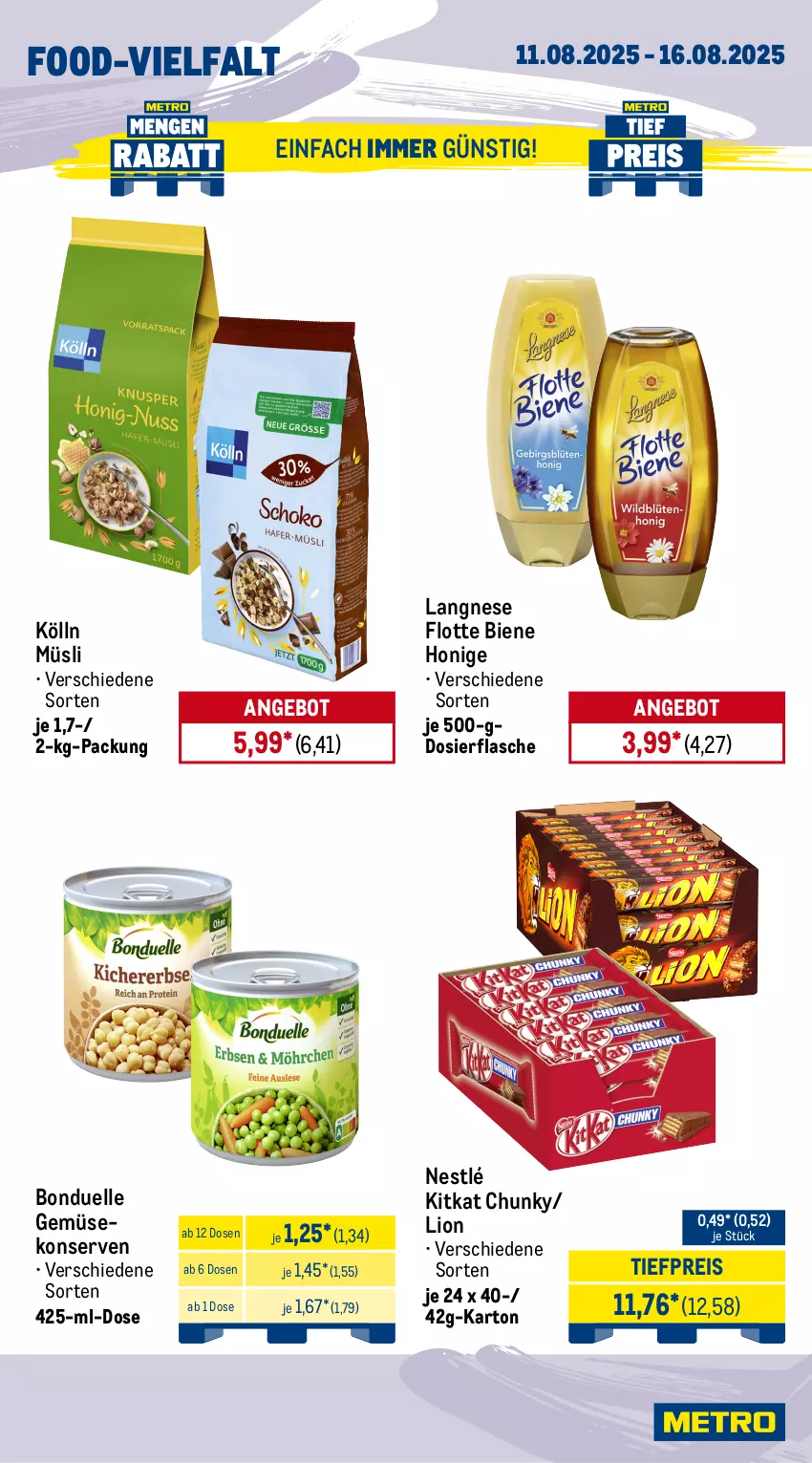 Aktueller Prospekt Metro - Wochen-Angebote - von 11.08 bis 16.08.2025 - strona 13 - produkty: angebot, bonduelle, bratwurst, eis, elle, flammkuchen, flasche, Gemüsekonserve, honig, kitkat, kölln, Konserven, kuchen, lamm, langnese, lion, müsli, nestlé, reis, schnitten, Ti, tiefpreis, wiener, wurst