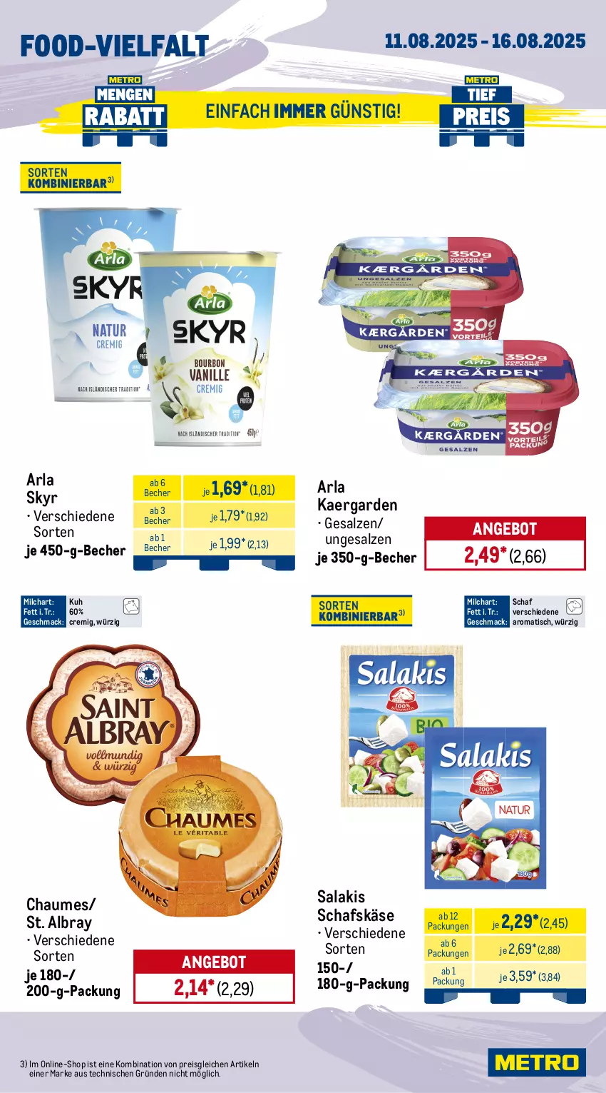 Aktueller Prospekt Metro - Wochen-Angebote - von 11.08 bis 16.08.2025 - strona 9 - produkty: albray, angebot, arla, arla skyr, Becher, chaumes, cherrytomaten, cocktail, eis, Gemüsezwiebel, Käse, mac, milch, obst, peperoni, Peroni, reis, rispentomaten, salakis, salz, schafskäse, Skyr, St. Albray, Ti, tisch, tomate, tomaten, zwiebel, zwiebeln