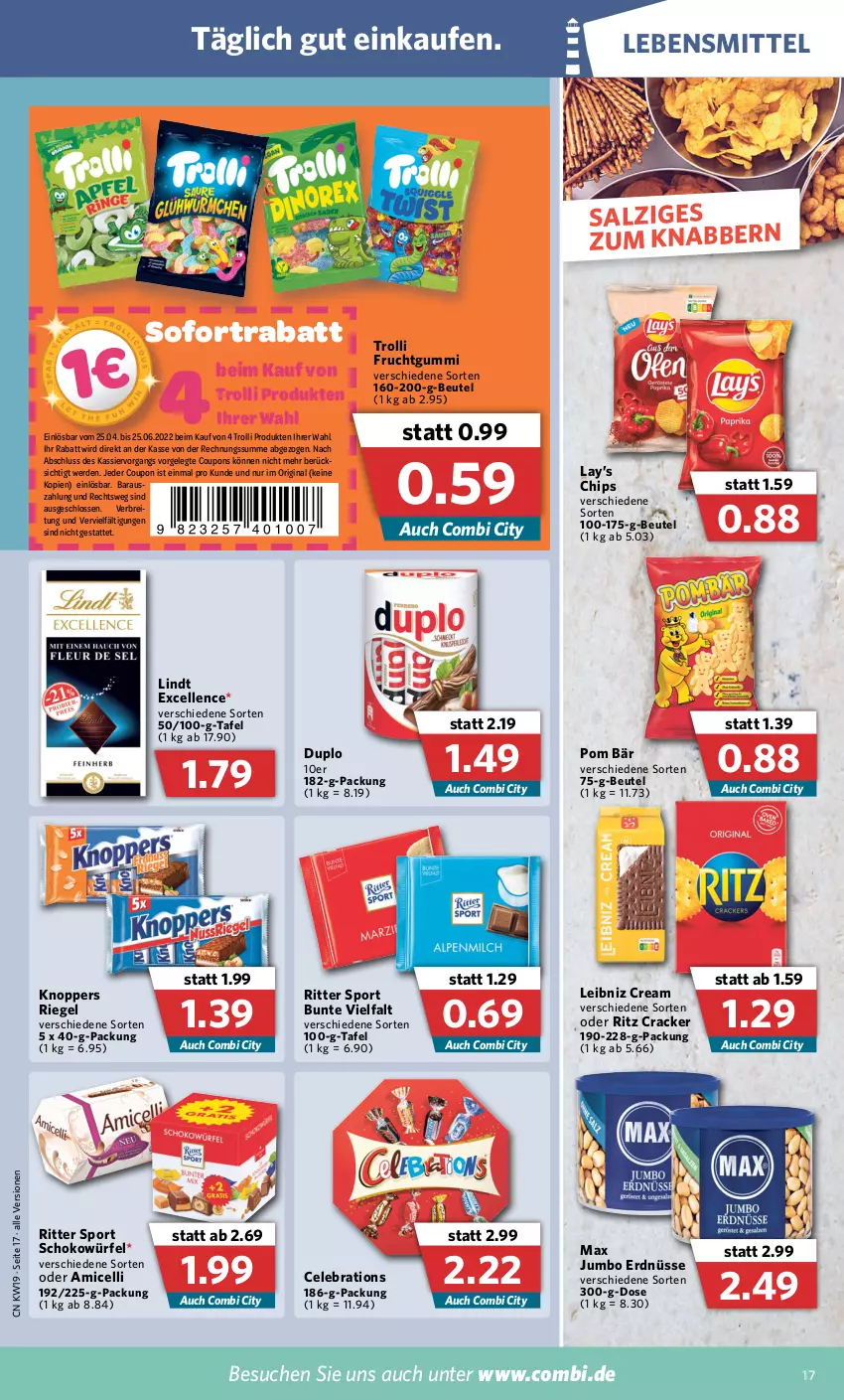 Aktueller Prospekt Combi - Prospekte - von 09.05 bis 14.05.2022 - strona 17 - produkty: amicelli, beutel, Brei, chips, coupon, coupons, cracker, duplo, elle, erde, erdnüsse, frucht, fruchtgummi, gin, jumbo, knoppers, lebensmittel, leibniz, lindt, riegel, ritter, ritter sport, salz, schoko, schokowürfel, sofortrabatt, Sport, Ti, trolli, trolli fruchtgummi, würfel