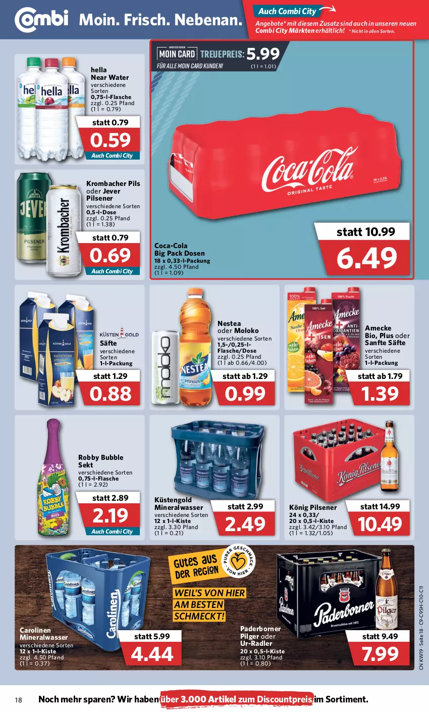 Aktueller Prospekt Combi - Prospekte - von 09.05 bis 14.05.2022 - strona 18 - produkty: Alwa, amecke, angebot, angebote, bio, coca-cola, cola, discount, eis, flasche, hella, jever, jever pilsener, könig pilsener, krombache, krombacher, krombacher pils, küstengold, LG, mineralwasser, Nestea, pils, pilsener, radler, reis, robby, säfte, sekt, Ti, wasser