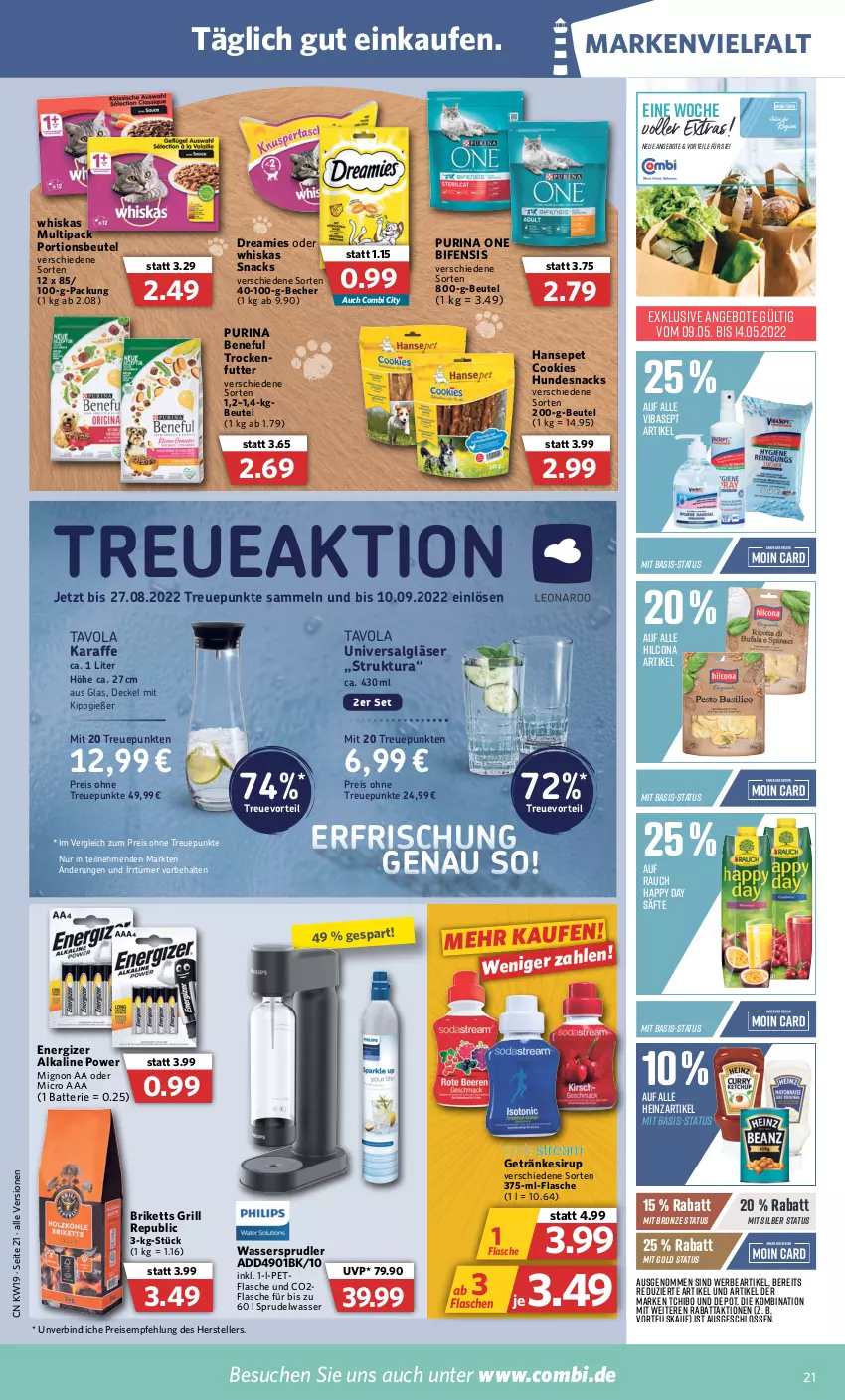 Aktueller Prospekt Combi - Prospekte - von 09.05 bis 14.05.2022 - strona 21 - produkty: angebot, angebote, batterie, Becher, beutel, briketts, cookie, cookies, decke, Deckel, dreamies, eis, elle, energizer, flasche, getränk, getränke, Gläser, grill, Happy Day, heinz, hilcona, hundesnack, hundesnacks, Karaffe, LG, portionsbeutel, purina, Rauch, reis, säfte, sirup, snack, snacks, Sprudel, Tchibo, teller, Ti, wasser, whiskas