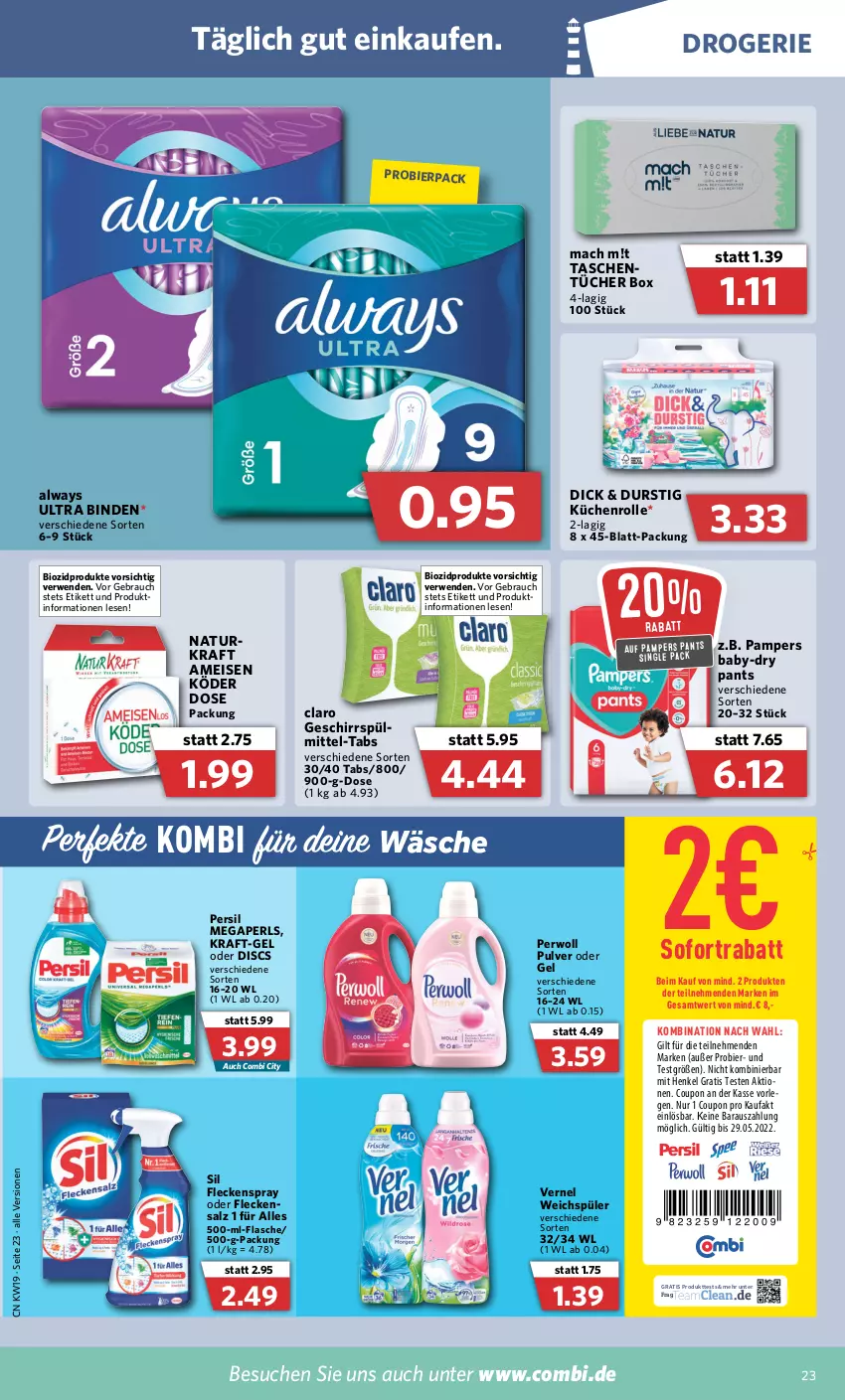 Aktueller Prospekt Combi - Prospekte - von 09.05 bis 14.05.2022 - strona 23 - produkty: Alwa, Always, baby-dry, bier, binden, bio, biozidprodukte, coupon, eis, flasche, geschirr, henkel, kraft, küche, Küchen, küchenrolle, lebensmittel, mac, megaperls, natur, pampers, Pants, persil, perwoll, Rauch, regal, rwe, salz, sofortrabatt, Tasche, taschen, Ti, tücher, vernel, weichspüler