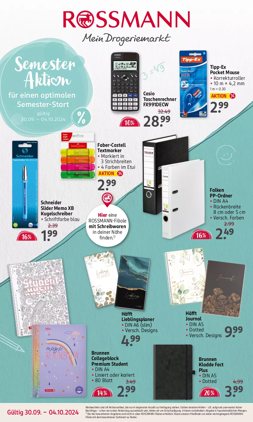 Aktueller Prospekt Rossmann - Prospekte - von 30.09 bis 04.10.2024 - strona 1 - produkty: angebot, angebote, Brei, brunnen, collegeblock, din a4, Kugel, kugelschreiber, ordner, Roller, schreibwaren, Tasche, taschen, textmarker, Ti, ZTE