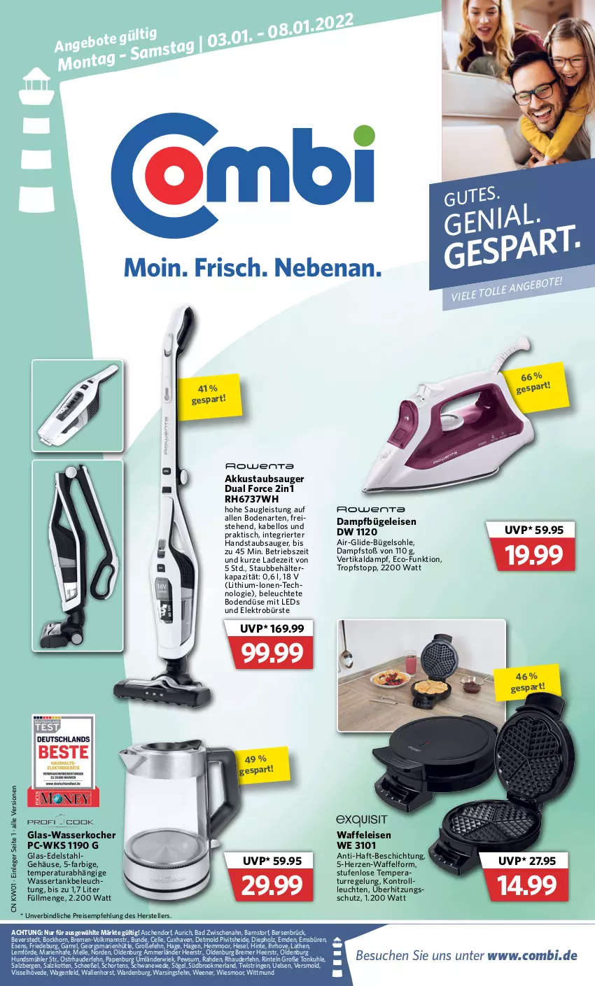 Aktueller Prospekt Combi - Prospekte - von 03.01 bis 08.01.2022 - strona 1 - produkty: akku, ammerländer, Anew, Bad, Behälter, beleuchtung, bügel, Bügeleisen, bürste, dampfbügeleisen, edelstahl, eis, Elektro, elle, glas-wasserkocher, handstaubsauger, Holz, Intel, Kocher, leds, Leuchte, leuchten, LG, merl, reis, rel, ring, salz, staubsauger, String, teller, Ti, tisch, überhitzungsschutz, Waffeleisen, wasser, wasserkocher, wassertank