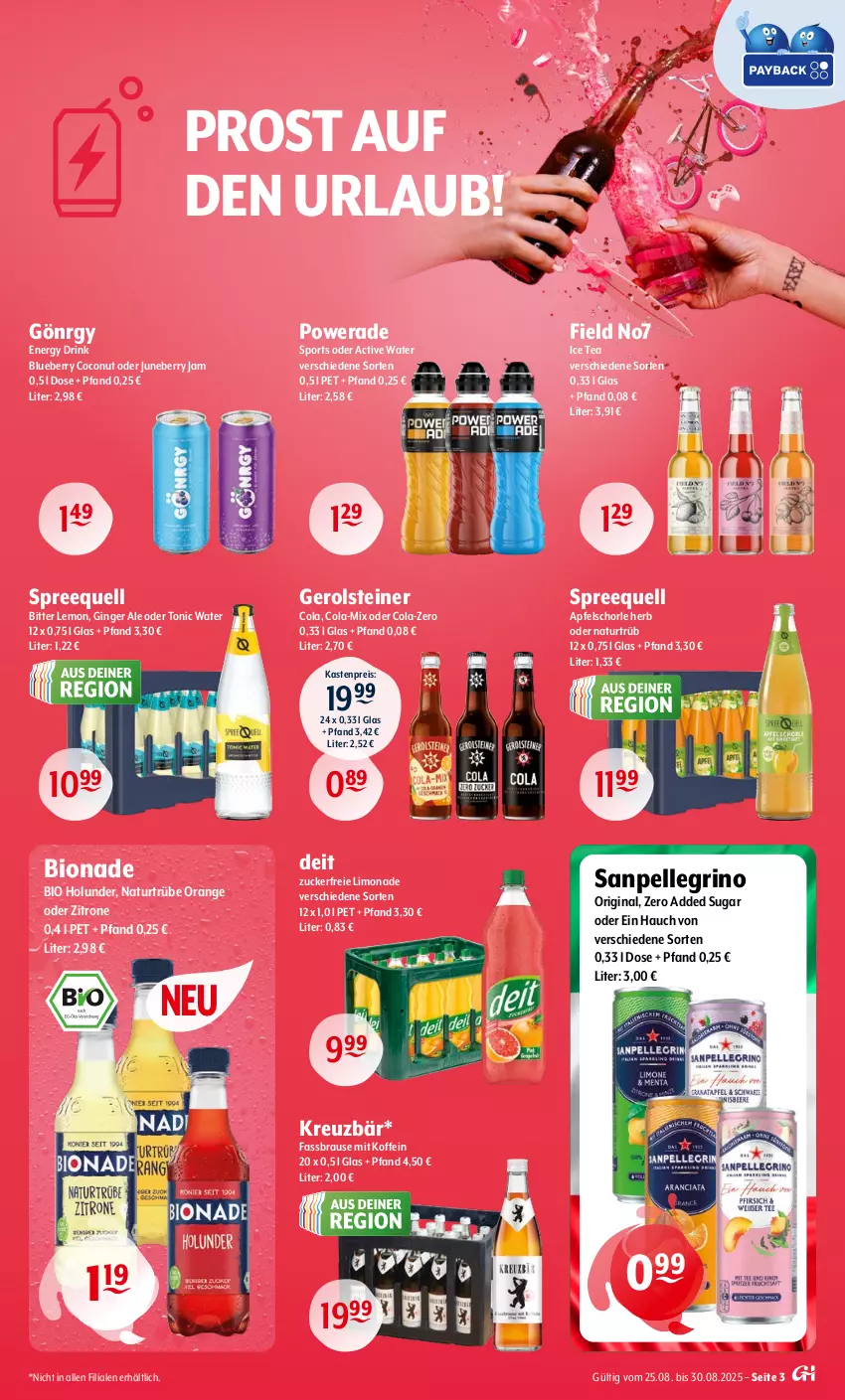 Aktueller Prospekt Getraenke Hoffmann - Prospekte - von 25.08 bis 30.08.2025 - strona 3 - produkty: apfel, Apfelschorle, bio, bionade, bitter lemon, blueberry, brause, coconut, cola, deit, drink, eis, elle, energy drink, fassbrause, gerolsteine, gerolsteiner, gin, ginger, ginger ale, holunder, ice tea, limo, limonade, natur, orange, reis, sanpellegrino, schorle, Sport, Spreequell, steiner, Ti, tonic, tonic water, zitrone, zucker
