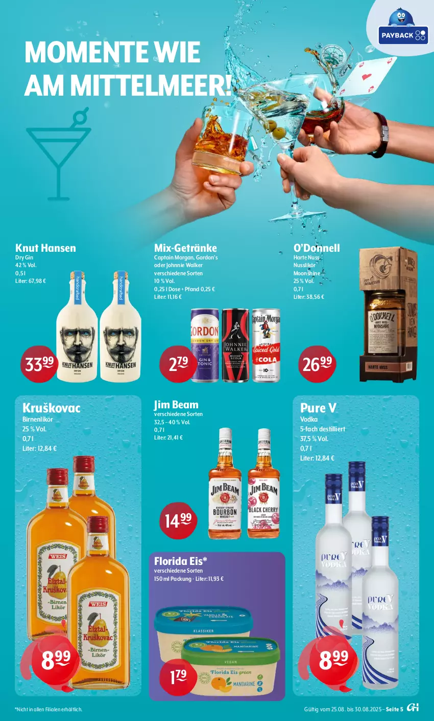 Aktueller Prospekt Getraenke Hoffmann - Prospekte - von 25.08 bis 30.08.2025 - strona 5 - produkty: Birnen, Cap, captain morgan, dry gin, eis, ente, getränk, getränke, gin, gordon, Gordon’s, jim beam, johnnie walker, likör, nuss, Ti, vodka