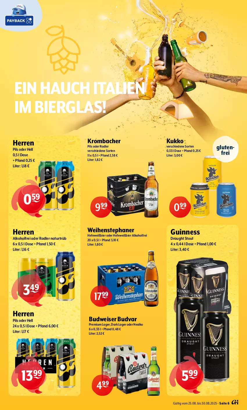 Aktueller Prospekt Getraenke Hoffmann - Prospekte - von 25.08 bis 30.08.2025 - strona 6 - produkty: alkohol, bier, budweiser, eis, Guinness, Hefe, krombache, krombacher, krombacher pils, natur, oder radler, pils, radler, Ti, weihenstephan