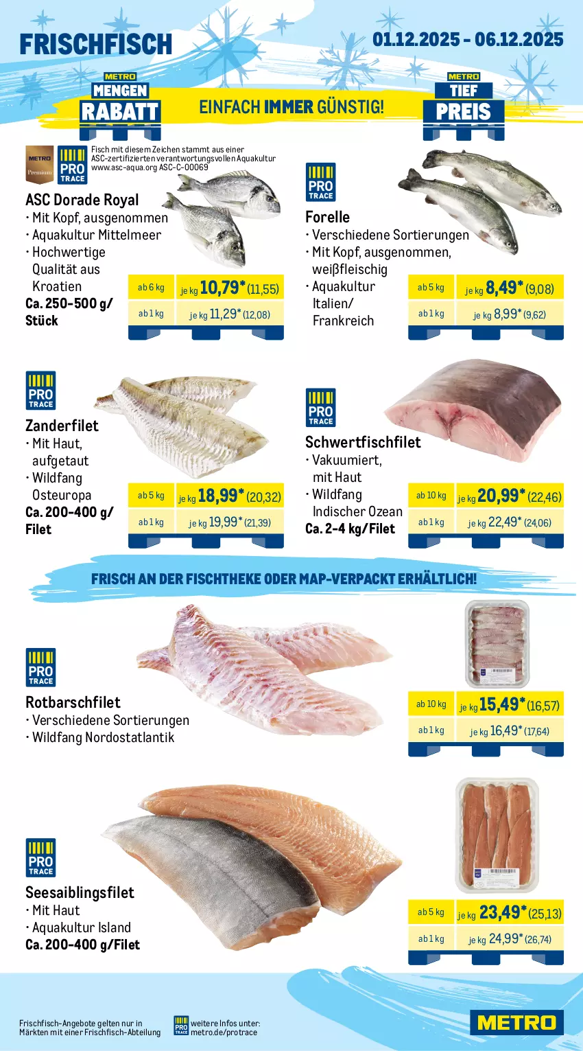 Aktueller Prospekt Metro - Wochen-Angebote Gastro - von 01.12 bis 06.12.2025 - strona 5 - produkty: Abtei, angebot, angebote, aqua, Dorade, dorade royal, eis, elle, ente, filet, fisch, fischtheke, fleisch, forelle, frischfisch, Gänsebrust, grill, gulasch, hafer, lachs, lamm, lammlachse, Metro, rel, Rotbarsch, rotbarschfilet, Saibling, schnitten, Seesaiblingsfilet, Ti, topf, Wild, Zander