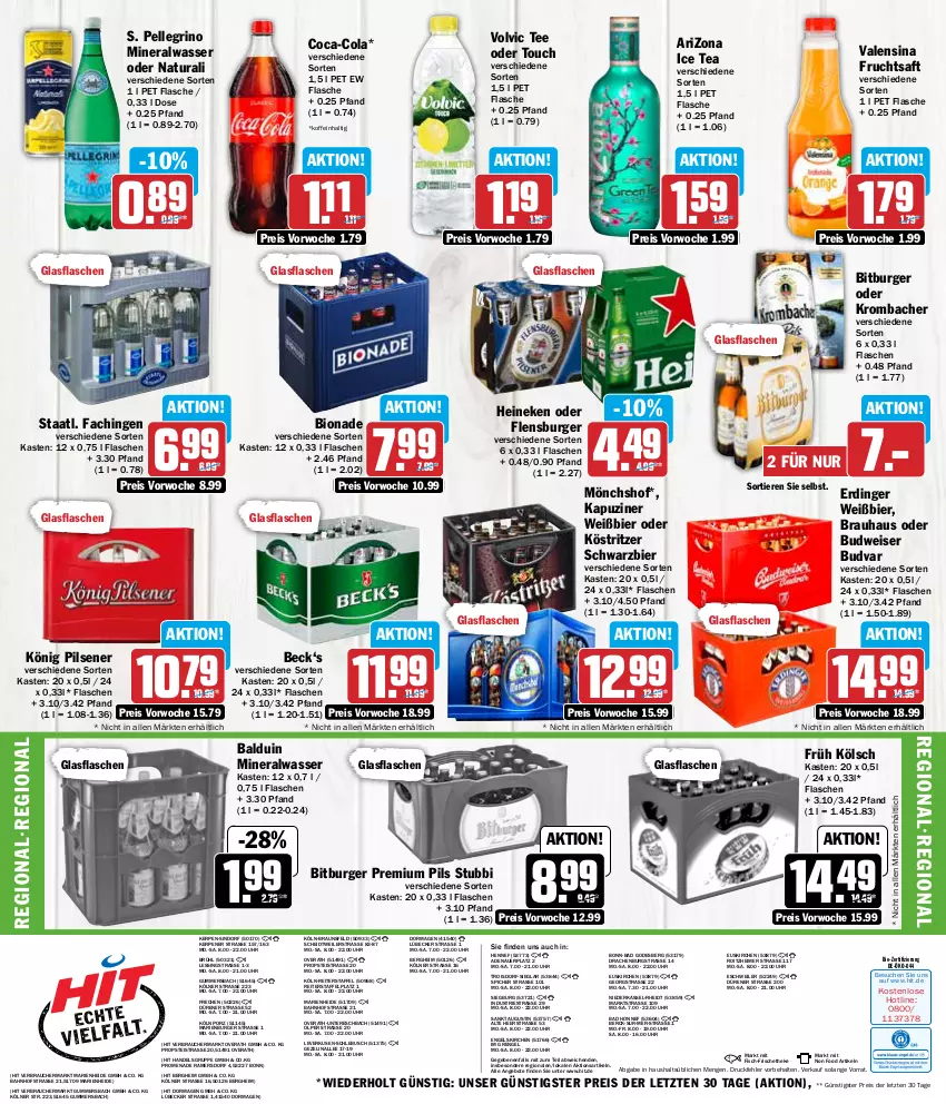 Aktueller Prospekt Hit - Wochenprospekt - von 08.04 bis 13.04.2024 - strona 16 - produkty: Alwa, angebot, angebote, auer, Bad, bier, bio, bionade, bitburger, braun, budweiser, burger, coca-cola, cola, eimer, eis, elle, Engel, erdinger, fisch, flasche, flensburger, frucht, fruchtsaft, Früh Kölsch, glasflasche, heineken, ice tea, könig pilsener, köstritzer, krombache, krombacher, Lübecker, mineralwasser, mönchshof, natur, natura, pils, pilsener, premium pils, Rauch, reis, saft, Staatl. Fachingen, tee, Ti, Tiere, uhr, valensina, volvic, wasser, ZTE