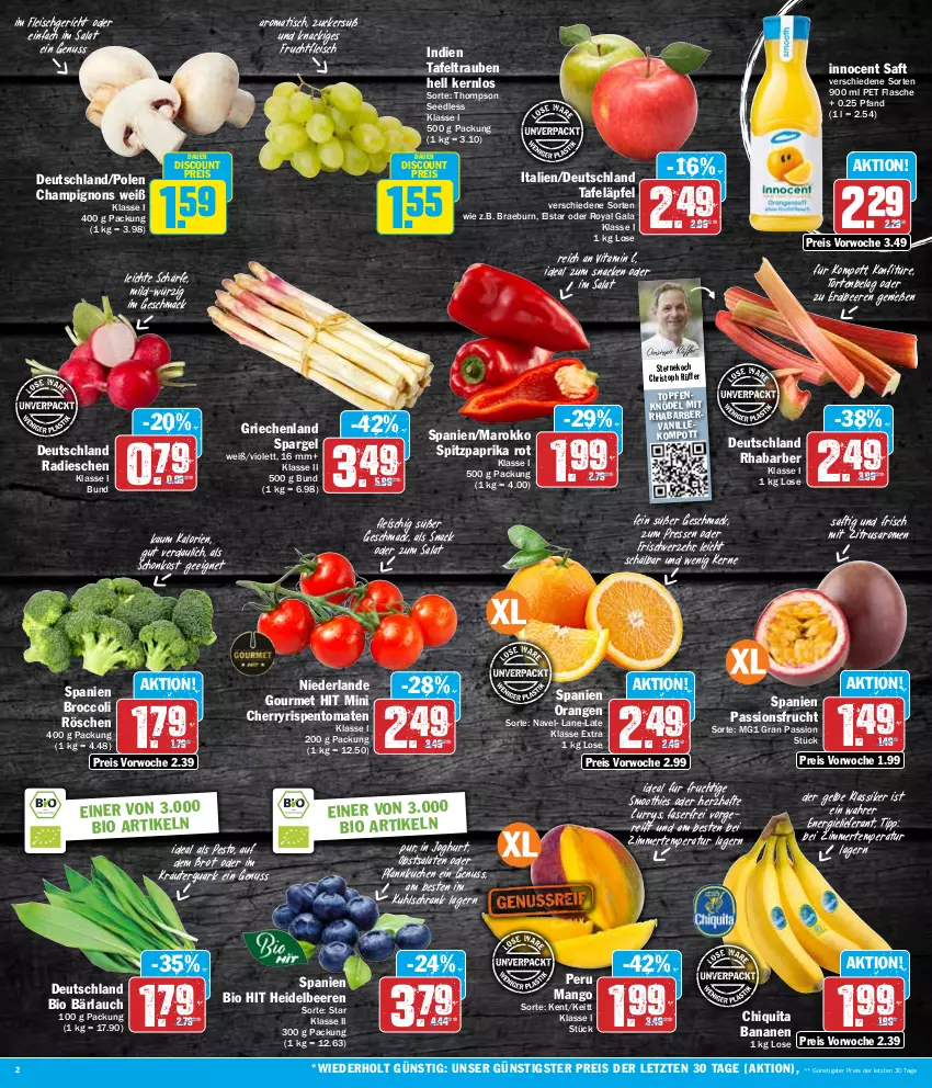 Aktueller Prospekt Hit - Wochenprospekt - von 08.04 bis 13.04.2024 - strona 2 - produkty: auer, banane, bananen, beere, beeren, bio, bio hit, broccoli, brot, champignon, champignons, chiquita, curry, discount, eis, erdbeere, erdbeeren, flasche, fleisch, frucht, fruchtfleisch, heidelbeere, heidelbeeren, Innocent, joghur, joghurt, Knödel, konfitüre, kräuter, kuchen, kühlschrank, mac, mango, nuss, obst, orange, orangen, paprika, paprika rot, passionsfrucht, pesto, Pfannkuchen, quark, radieschen, reis, rhabarber, rispentomaten, saft, salat, salate, saro, Schrank, smoothie, smoothies, snack, spargel, Spitzpaprika, tafeläpfel, tafeltrauben, Ti, tisch, tomate, tomaten, topf, Topfen, Topfenknödel, torte, trauben, vanille, vita, Vitamin C, ZTE, zucker