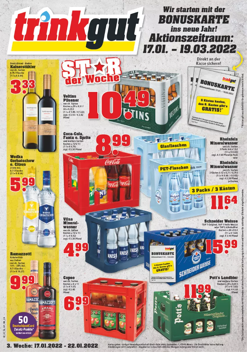 Aktueller Prospekt Trinkgut - von 17.01 bis 22.01.2022 - strona 1 - produkty: alkohol, Alwa, Bad, bier, coca-cola, cola, deutschlandcard, eis, elle, erde, flasche, gin, glasflasche, Kaiser, kräuter, kräuterlikör, likör, mineralwasser, pils, pilsener, rama, ramazzott, ramazzotti, Stühl, Ti, veltins, veltins pilsener, wasser, wodka, zott