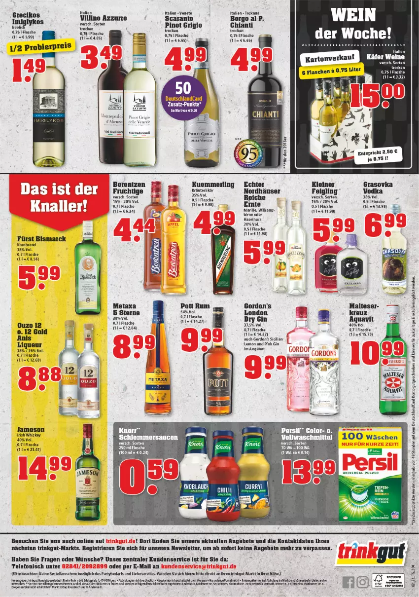 Aktueller Prospekt Trinkgut - von 17.01 bis 22.01.2022 - strona 4 - produkty: angebot, angebote, Bad, bismarck, chia, chianti, dell, deutschlandcard, elle, ente, erde, flasche, frucht, gin, gordon, Gordon’s, haselnuss, korn, kuemmerling, leine, lieferservice, liqueur, malteser, merl, Metaxa, nuss, ouzo, ouzo 12, persil, Pinot, pinot grigio, rum, tee, telefon, Ti, universal pulver, vodka