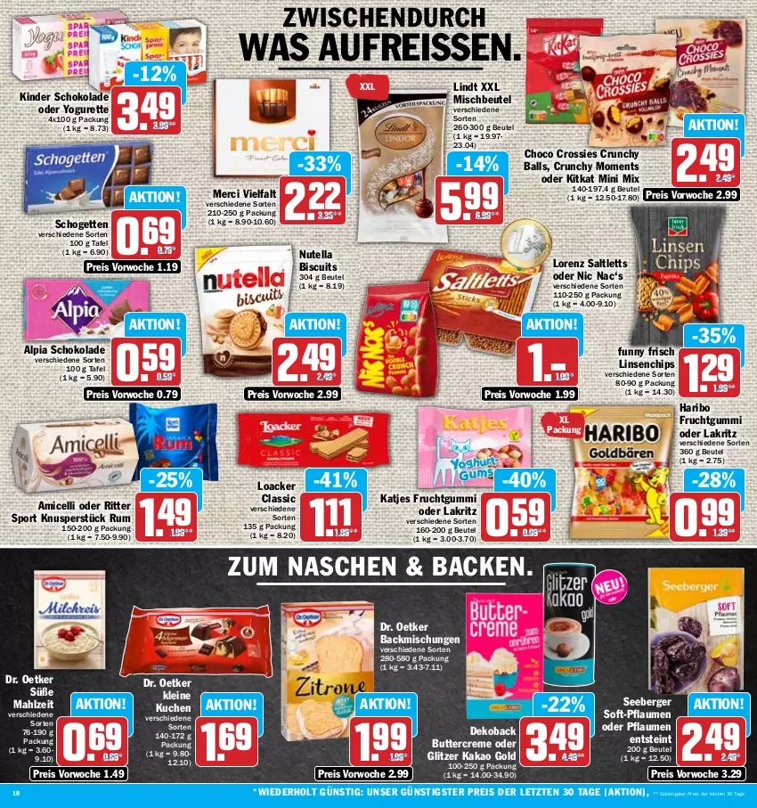 Aktueller Prospekt Hit - Prospekte - von 07.11 bis 12.11.2022 - strona 10 - produkty: alpia, amicelli, backmischung, Backmischungen, ball, Berger, beutel, butter, chips, choco crossies, creme, crossies, Dr. Oetker, eis, frucht, fruchtgummi, Funny Frisch, haribo, kakao, katjes, Kinder, kinder schokolade, kitkat, kuchen, Lakritz, leine, lindt, linsen, lorenz, merci, nutella, oder lakritz, oder yogurette, pflaume, pflaumen, reis, reiss, ritter, ritter sport, rum, saltletts, schogetten, schoko, schokolade, seeberger, Sport, Ti, Yo, yogurette, ZTE