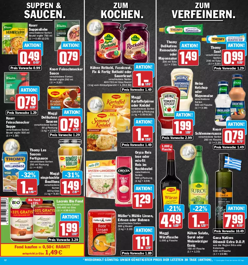 Aktueller Prospekt Hit - Prospekte - von 07.11 bis 12.11.2022 - strona 12 - produkty: auer, beutel, bio, bohne, bohnen, delikatess sauce, eis, erbsen, essig, feinschmecker, flasche, heinz, kartoffel, Kartoffelpüree, ketchup, Knödel, knorr, kochbeutel, Kraut, Kühne, linsen, maggi, mayonnaise, Müller, natives olivenöl, olive, oliven, olivenöl, olivenöl extra, oryza, püree, reis, reis-fit, remoulade, rotkohl, salat, sauce, saucen, Sauerkraut, schlemmersauce, senf, suppe, suppen, suppenliebe, thomy, thomy les sauces, Ti, wein, Yo, ZTE