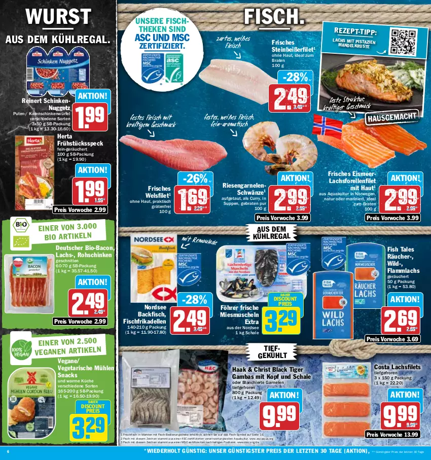 Aktueller Prospekt Hit - Prospekte - von 07.11 bis 12.11.2022 - strona 6 - produkty: aqua, auer, aus dem kühlregal, backfisch, bacon, bio, braten, curry, dell, discount, eis, elle, filet, filets, fisch, fische, Fischer, fischtheke, fleisch, forelle, frikadellen, frischfisch, Frühstücksspeck, garnelen, herta, ideal zum braten, katenschinken, küche, kühlregal, lachs, lachsfilet, lachsfilets, lack, lamm, mac, mandel, Muscheln, natur, Nordsee, pute, regal, reinert, reis, rel, riesengarnelen, rohschinken, rwe, Schal, Schale, Schere, schinken, schnitten, snack, snacks, Speck, Steinbeißer, Steinbeißerfilet, suppe, suppen, Ti, tisch, Vegeta, Wels, Wild, würfel, wurst, ZTE