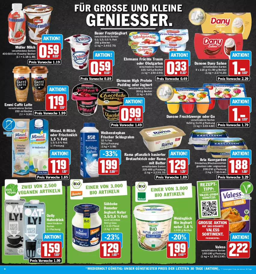 Aktueller Prospekt Hit - Prospekte - von 07.11 bis 12.11.2022 - strona 8 - produkty: arla, auer, aufstrich, Bau, Bauer, Becher, bio, brot, brotaufstrich, butter, caffè latte, danone, danone fruchtzwerge, Dany, dany sahne, drink, ehrmann, eis, emmi, flasche, frucht, früchte, fruchtjoghurt, fruchtzwerge, Garten, gouda, hafer, Haferdrink, joghur, joghurt, latte, leine, milch, Müller, natur, obst, obstgarten, pudding, rama, reis, sahne, salz, schlagrahm, schnitzel, söbbeke, Ti, weihenstephan, ZTE