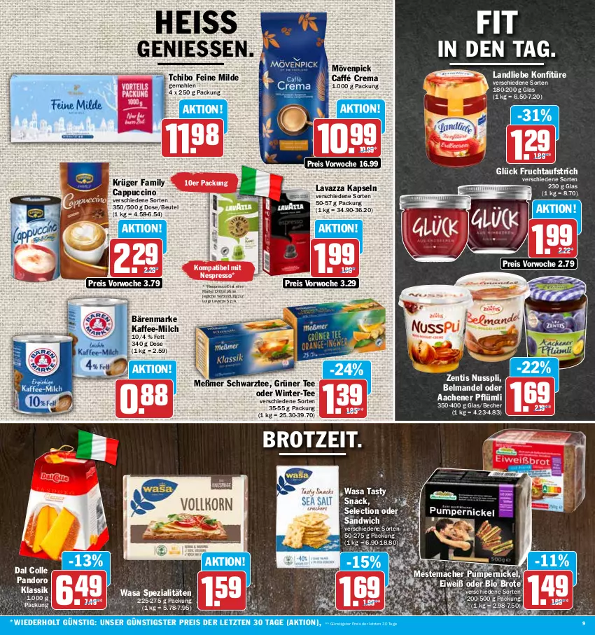 Aktueller Prospekt Hit - Prospekte - von 07.11 bis 12.11.2022 - strona 9 - produkty: aufstrich, bärenmarke, Becher, Belmandel, beutel, bio, brot, Cap, cappuccino, cin, eis, espresso, frucht, fruchtaufstrich, grüner tee, kaffee, konfitüre, krüger, landliebe, lavazza, mac, mandel, Meßmer, mestemacher, milch, mövenpick, nespresso, nuss, nusspli, Pumpernickel, reis, ritter, sandwich, snack, Spezi, Tchibo, tee, Ti, wasa, zentis, ZTE