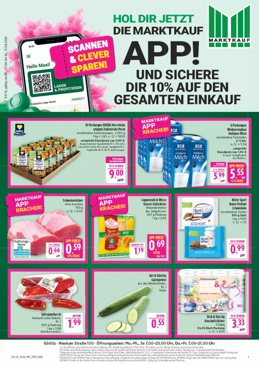 Aktueller Prospekt Marktkauf - Prospekt - von 05.04 bis 11.04.2026 - strona 1 - produkty: ball, brötchen, coppenrath, deka, eis, elle, gin, Goldstücke, gurke, gurken, haltbare milch, haushaltstücher, italienische pasta, küche, Küchen, lasagne, mac, milch, paprika, paprika rot, pasta, payback, reis, ritter, ritter sport, salat, Salatgurke, salatgurken, schoko, schokolade, schwein, schweine, schweinerücken, spaghetti, Spitzpaprika, Sport, tagliatelle, Ti, tücher, uhr, weihenstephan, wein, weine, weizenbrötchen