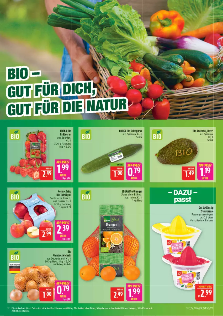 Aktueller Prospekt Marktkauf - Prospekt - von 05.04 bis 11.04.2026 - strona 12 - produkty: beere, beeren, bio, bio gemüse, deka, edeka bio, erdbeere, erdbeeren, Gemüsezwiebel, gurke, orange, orangen, salat, Salatgurke, tafeläpfel, Ti, Zitruspresse, zwiebel, zwiebeln