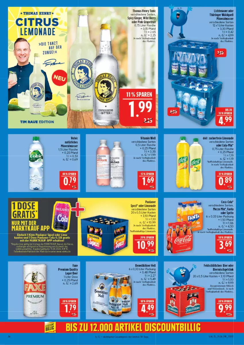 Aktueller Prospekt Marktkauf - Prospekt - von 05.04 bis 11.04.2026 - strona 26 - produkty: Alwa, auer, axe, Benediktiner, bier, coca-cola, cola, deit, eis, erde, fanta, fanta oder, fanta oder sprite, flasche, getränk, gin, ginger, grapefruit, lichtenauer, limo, limonade, Mezzo Mix, mineralwasser, oder sprite, reis, ring, sac, sprite, thomas henry, Ti, tonic, vita, volvic, wasser, Wild, wild berry, ZTE, zucker