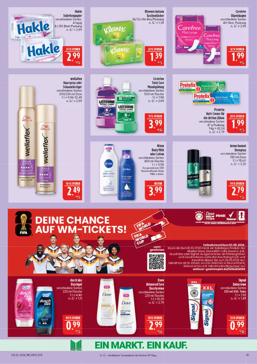 Aktueller Prospekt Marktkauf - Prospekt - von 05.04 bis 11.04.2026 - strona 29 - produkty: body, body milk, bruno banani, carefree, creme, deo, deospray, eis, flasche, gewinnspiel, haarspray, hakle, listerine, Lotion, mundspülung, nivea, papier, Q10, reis, schaumfestiger, slip, slipeinlagen, spülung, Tasche, taschen, taschentücher, Ti, toilettenpapier, total care, tücher, Wella, wellaflex, ZTE