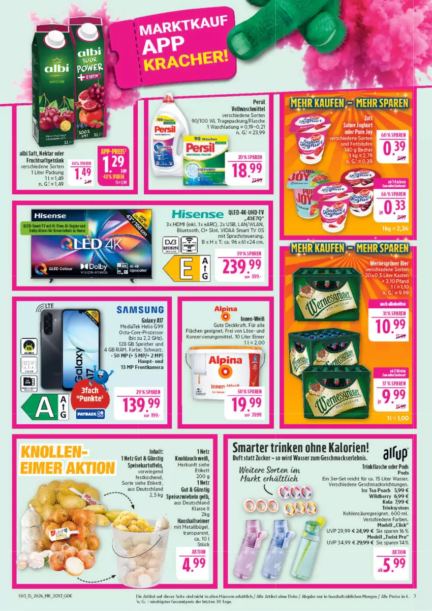 Aktueller Prospekt Marktkauf - Prospekt - von 05.04 bis 11.04.2026 - strona 3 - produkty: bügel, dell, eimer, eis, flasche, frontkamera, frucht, fruchtsaft, fruchtsaftgetränk, getränk, HDMI, hisense, ice tea, kamera, kartoffel, kartoffeln, knoblauch, kraft, mac, Mode, Nektar, persil, Pods, qled, reis, saft, Samsung, smart tv, speisekartoffeln, Ti, trinkflasche, uhd, UHD-TV, usb, vollwaschmittel, waschmittel, wasser, Wild, ZTE, zucker