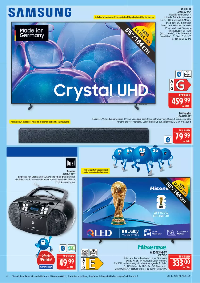 Aktueller Prospekt Marktkauf - Prospekt - von 05.04 bis 11.04.2026 - strona 36 - produkty: Brei, eis, erde, Germ, HDMI, kopfhörer, Mode, qled, Radio, reis, Samsung, soundbar, Spiele, Ti, uhd, UHD-TV, usb