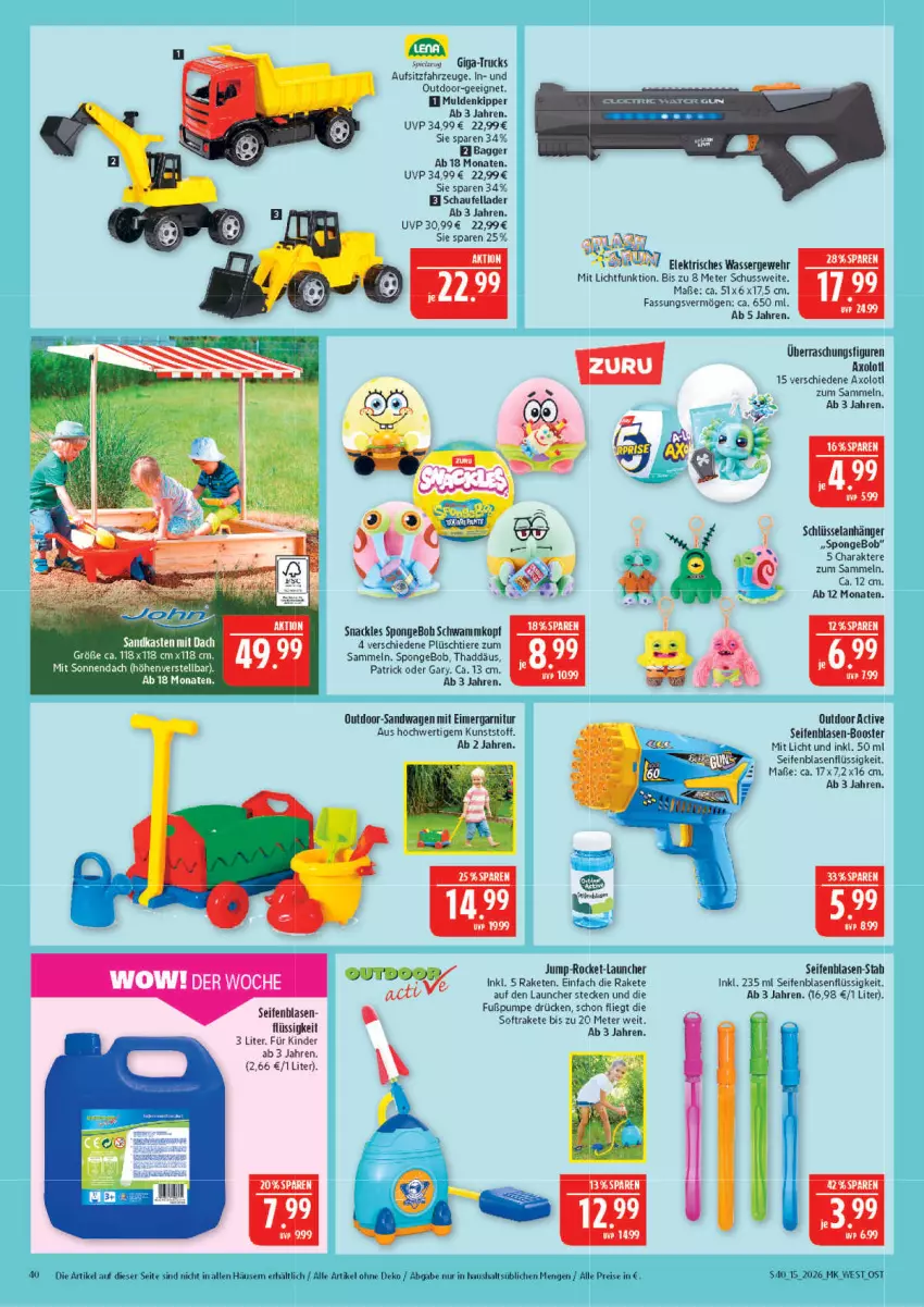 Aktueller Prospekt Marktkauf - Prospekt - von 05.04 bis 11.04.2026 - strona 40 - produkty: Anhänger, eimer, eis, Elan, garnitur, Kinder, ndk, Plüsch, Raketen, reis, Sandkasten, Seife, senf, snack, Ti, Tiere, wasser