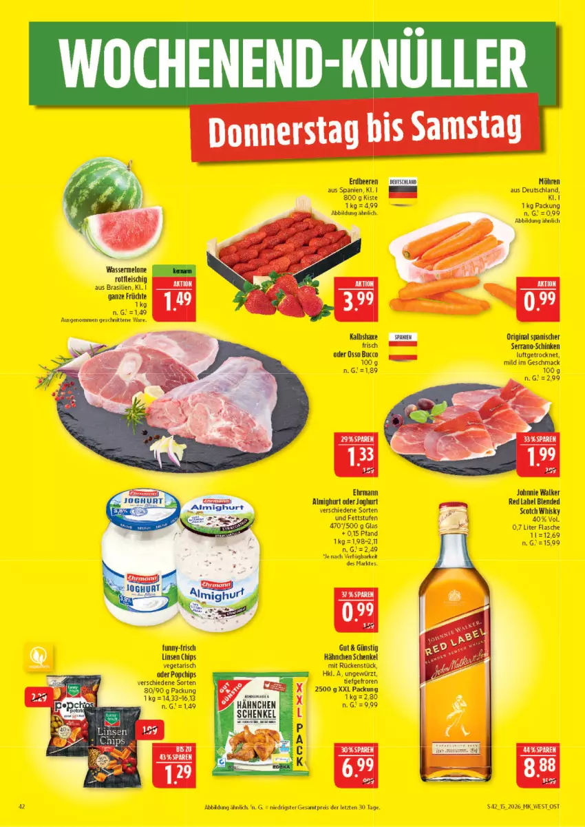Aktueller Prospekt Marktkauf - Prospekt - von 05.04 bis 11.04.2026 - strona 42 - produkty: almighur, almighurt, axe, beere, beeren, blended scotch, blended scotch whisky, chips, ehrmann, ehrmann almighurt, eis, elle, erdbeere, erdbeeren, flasche, früchte, funny-frisch, gewürz, gin, Haxe, henkel, joghur, joghurt, johnnie walker, Kalbshaxe, linsen, mac, möhren, reis, schenkel, schinken, schnitten, scotch, scotch whisky, serrano, Ti, Vegeta, whisky, ZTE