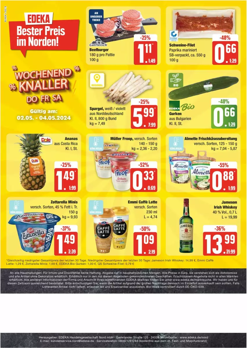 Aktueller Prospekt Edeka - Prospekte - von 29.04 bis 04.05.2024 - strona 20 - produkty: alle artikel ohne dekoration, almette, ananas, beef, bio, bio gurken, burger, caffe, deka, dekoration, edeka bio, eis, Elan, emmi, filet, frischkäse, frischkäsezubereitung, froop, gurke, gurken, irish whiskey, jameson, Käse, latte, LG, Mett, Müller, müller froop, paprika, reis, rel, schwein, schweine, schweine-filet, spargel, telefon, Ti, wein, weine, whiskey, zott, zottarella, zottarella minis, ZTE