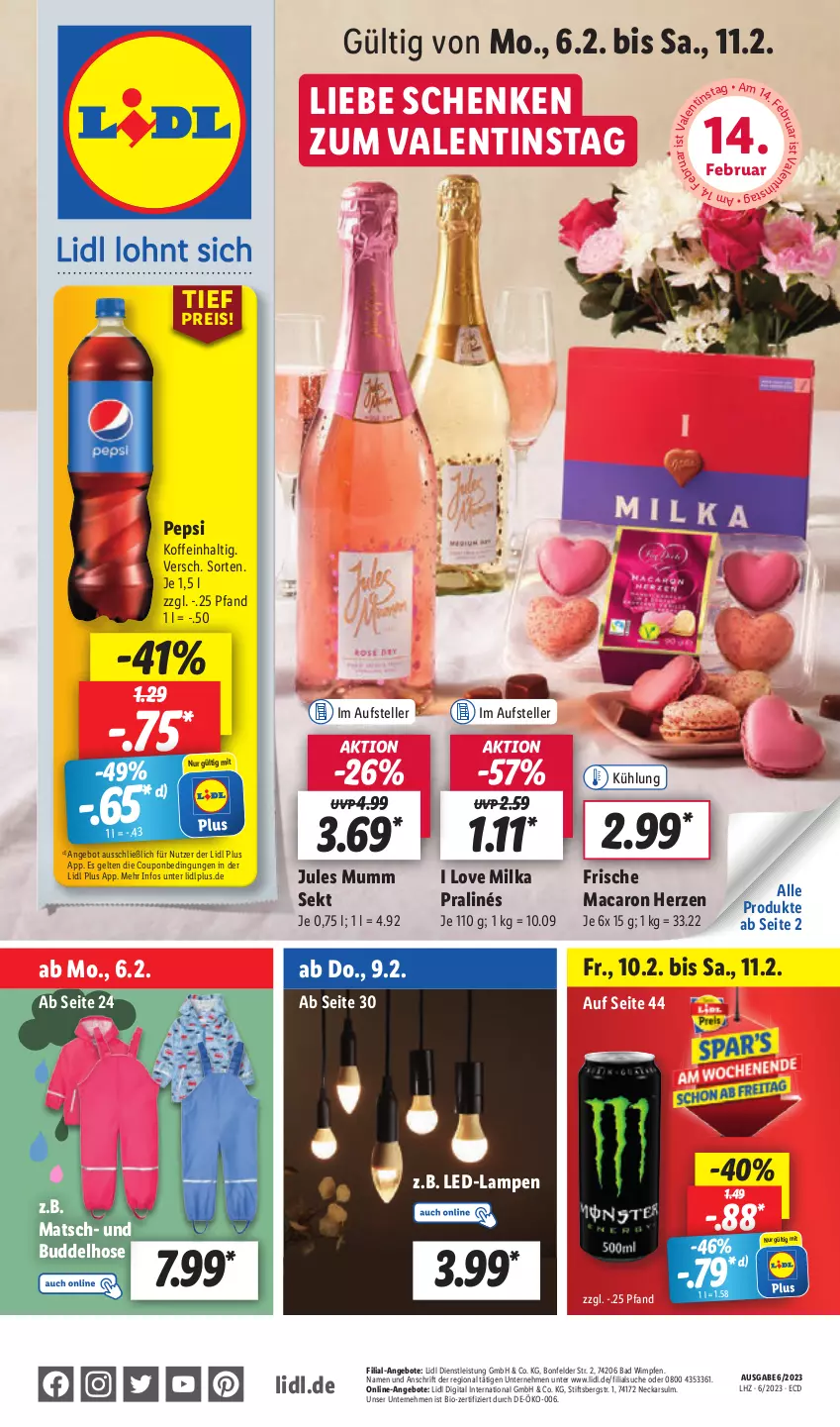 Aktueller Prospekt Lidl - Aktionsprospekt - von 06.02 bis 11.02.2023 - strona 1 - produkty: angebot, angebote, Bad, bio, coupon, eis, elle, hose, jules mumm, Lampe, mac, milka, mumm, pepsi, reis, sekt, teller, Ti