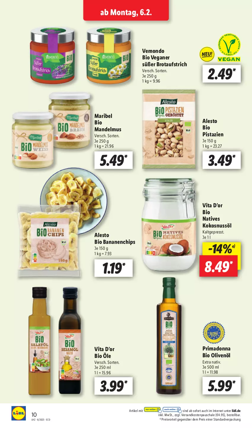 Aktueller Prospekt Lidl - Aktionsprospekt - von 06.02 bis 11.02.2023 - strona 10 - produkty: alesto, aufstrich, banane, bananen, bio, brot, brotaufstrich, chips, eis, kokos, kokosnuss, Kokosnussöl, mandel, Mandelmus, ndk, nuss, olive, oliven, olivenöl, pistazien, preisvorteil, reis, Schal, Schale, Ti, vita