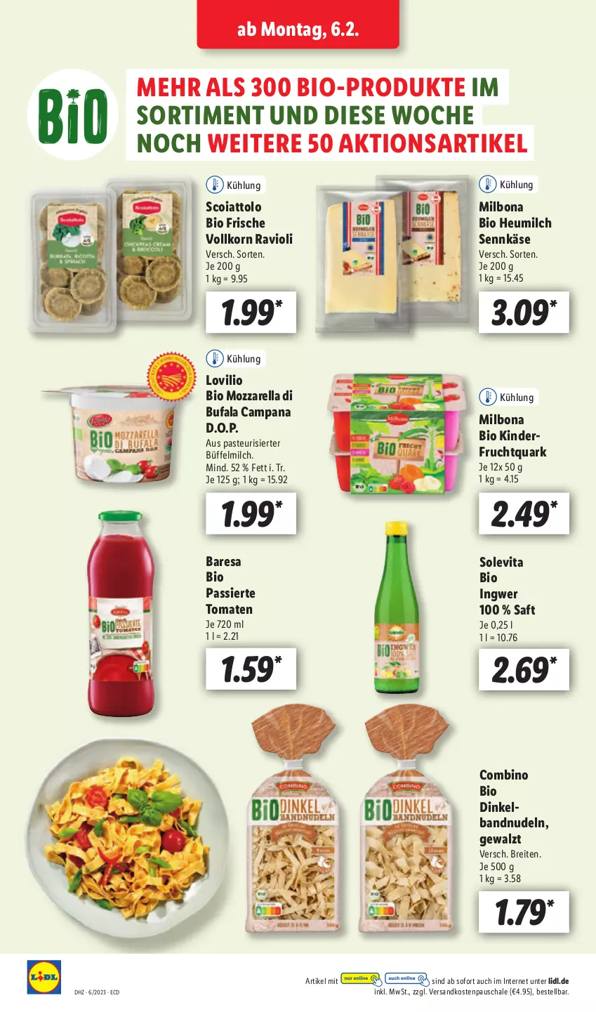 Aktueller Prospekt Lidl - Aktionsprospekt - von 06.02 bis 11.02.2023 - strona 12 - produkty: bio, Bona, Brei, di bufala, frucht, Fruchtquark, Heu, heumilch, ingwer, Käse, Kinder, korn, Milbona, milch, mozzarella, ndk, nudel, nudeln, quark, ravioli, rel, resa, saft, Schal, Schale, Ti, tomate, tomaten, vita