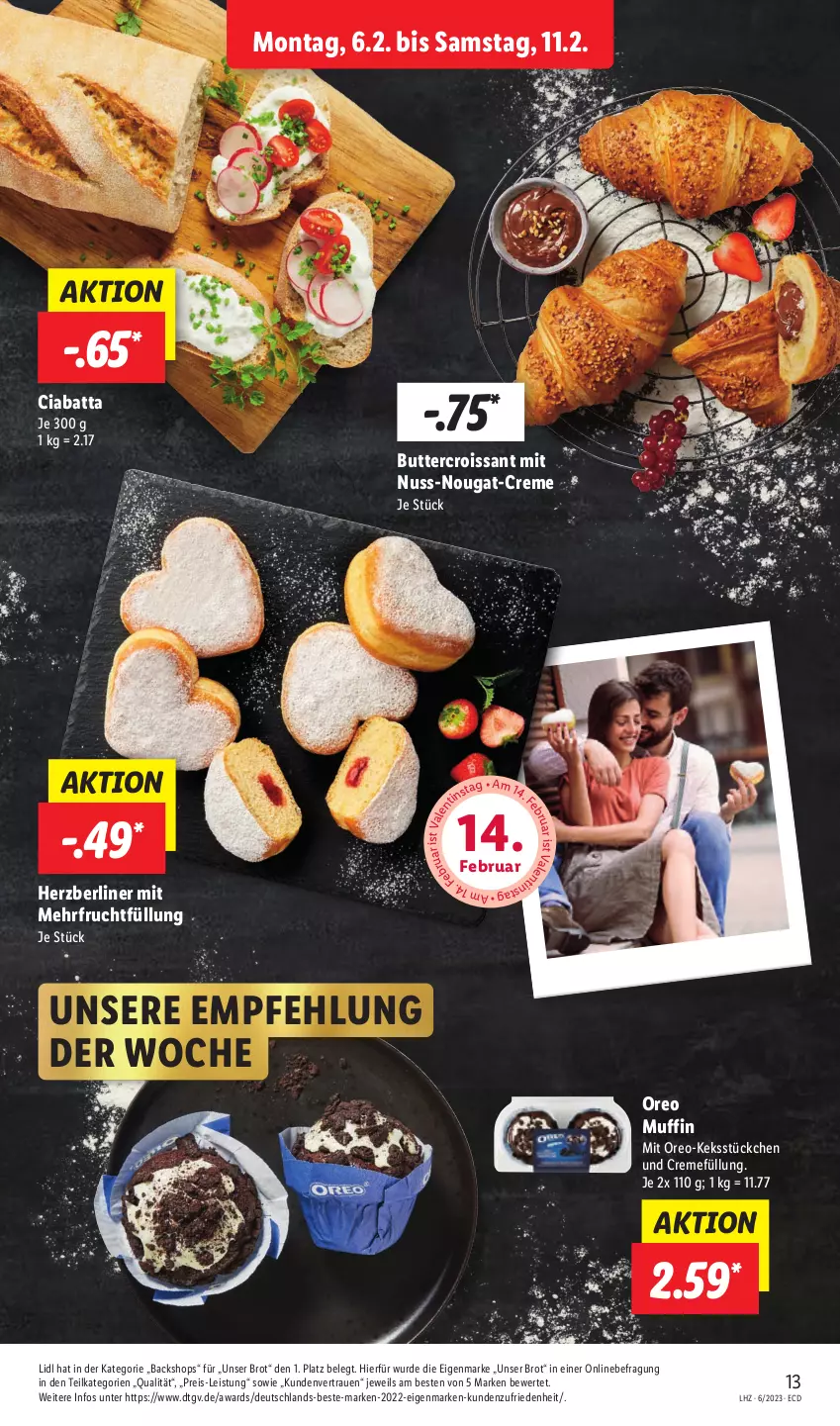 Aktueller Prospekt Lidl - Aktionsprospekt - von 06.02 bis 11.02.2023 - strona 15 - produkty: berliner, brot, butter, ciabatta, creme, Croissant, eis, frucht, keks, Muffin, nuss, nuss-nougat-creme, oreo, reis, Ti