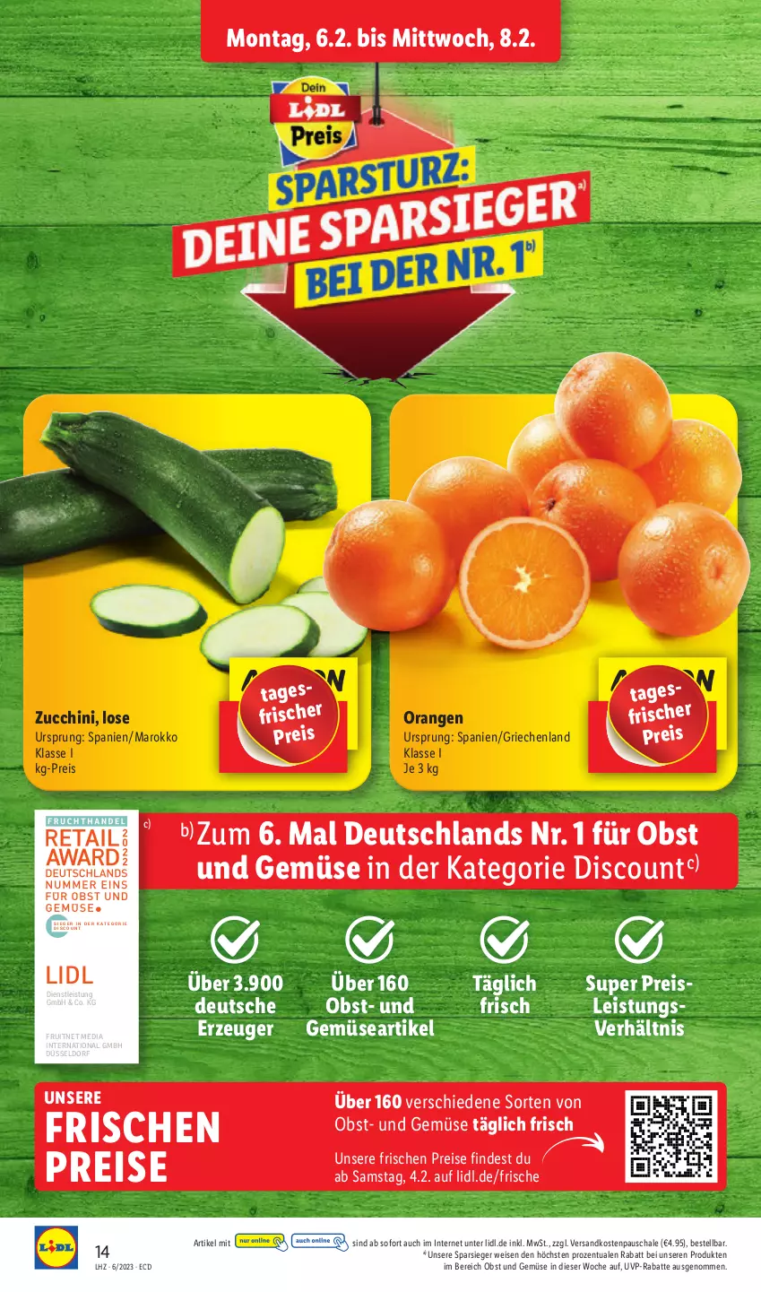 Aktueller Prospekt Lidl - Aktionsprospekt - von 06.02 bis 11.02.2023 - strona 16 - produkty: discount, eis, ente, ndk, obst, Obst und Gemüse, orange, orangen, reis, Schal, Schale, Ti, und gemüse, zucchini