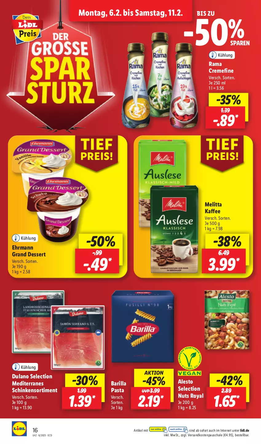 Aktueller Prospekt Lidl - Aktionsprospekt - von 06.02 bis 11.02.2023 - strona 18 - produkty: alesto, barilla, creme, dessert, dulano, ehrmann, Ehrmann Grand Dessert, eis, kaffee, melitta, ndk, pasta, rama, rama cremefine, reis, Schal, Schale, schinken, Ti