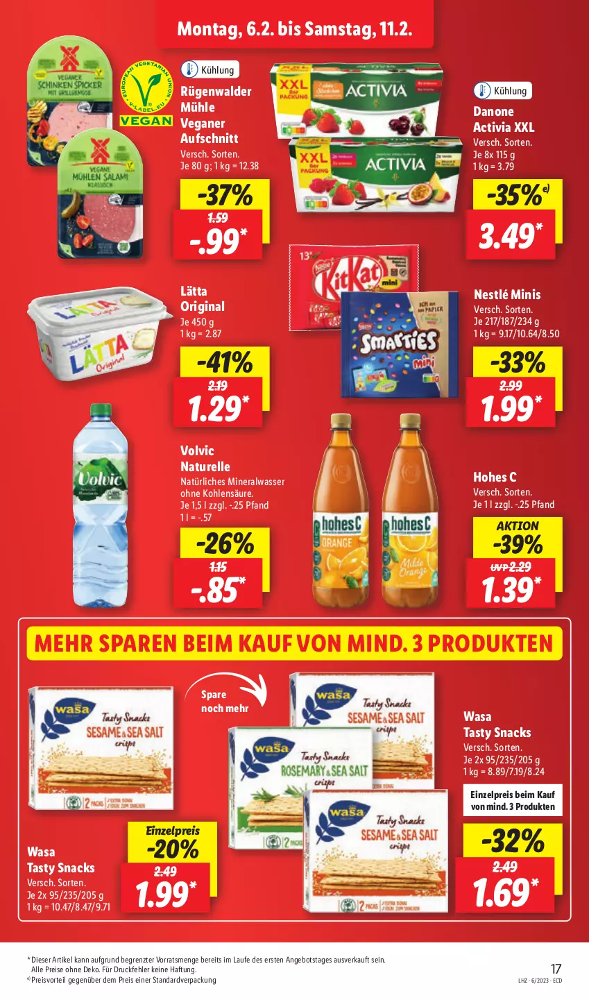 Aktueller Prospekt Lidl - Aktionsprospekt - von 06.02 bis 11.02.2023 - strona 19 - produkty: activia, Alwa, angebot, aufschnitt, danone, danone activia, eis, elle, gin, Hohes C, lätta, mineralwasser, natur, natürliches mineralwasser, nestlé, preisvorteil, reis, rel, rügenwalder, rügenwalder mühle, snack, snacks, Ti, volvic, wasa, wasser, ZTE