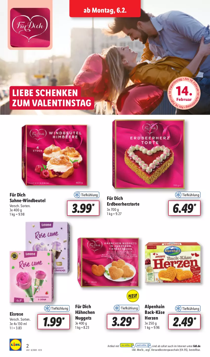 Aktueller Prospekt Lidl - Aktionsprospekt - von 06.02 bis 11.02.2023 - strona 2 - produkty: Alpenhain, beutel, eis, Käse, ndk, nuggets, sahne, Schal, Schale, Ti, torte, Windbeutel