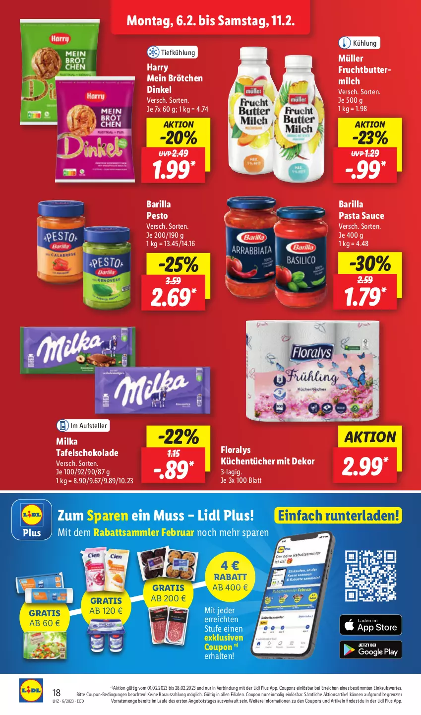 Aktueller Prospekt Lidl - Aktionsprospekt - von 06.02 bis 11.02.2023 - strona 20 - produkty: angebot, barilla, brötchen, butter, coupon, coupons, elle, Floralys, frucht, küche, Küchen, küchentücher, milch, milka, Müller, pasta, Pasta Sauce, pesto, sauce, schoko, schokolade, tafelschokolade, teller, Ti, tücher, ZTE