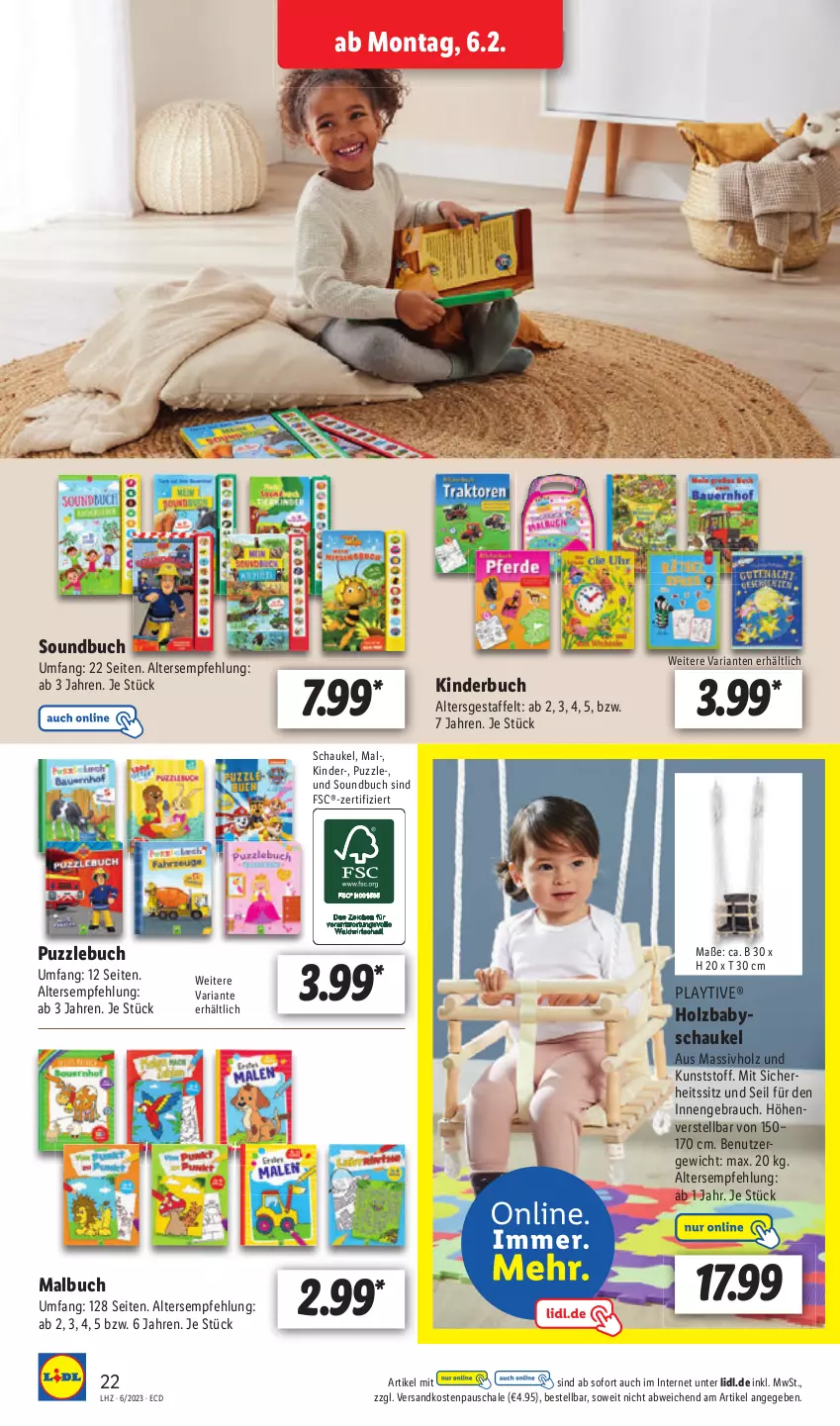 Aktueller Prospekt Lidl - Aktionsprospekt - von 06.02 bis 11.02.2023 - strona 24 - produkty: buch, Holz, Kinder, Kinderbuch, Malbuch, massivholz, ndk, Puzzle, Rauch, Ria, Schal, Schale, Schaukel, Soundbuch, Ti